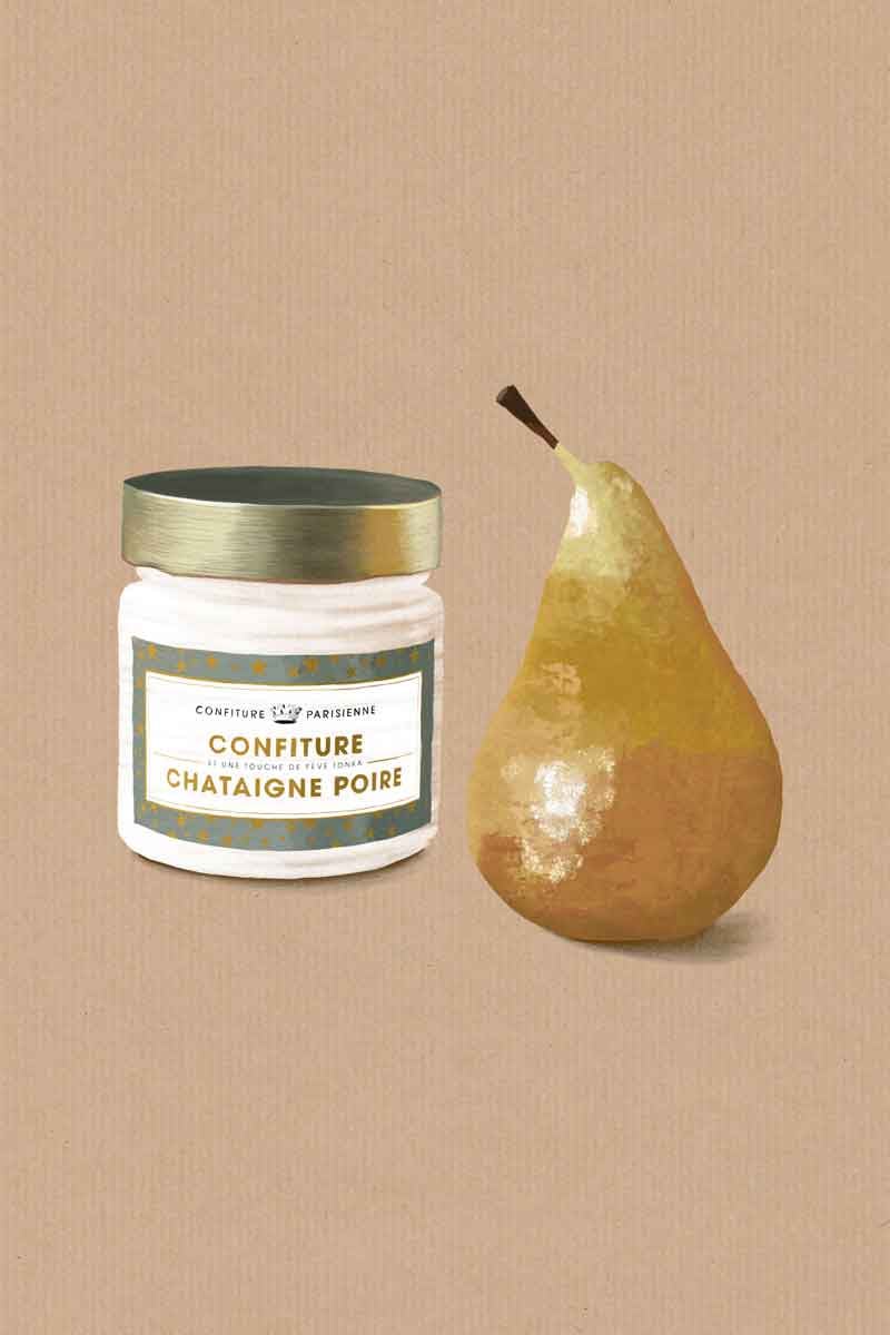 Dessin culinaire : confiture de poire et poire