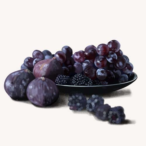 Dessin d'un plat contenant des fruits d'automne dans les mêmes teintes : mures, figues, raisin noir.