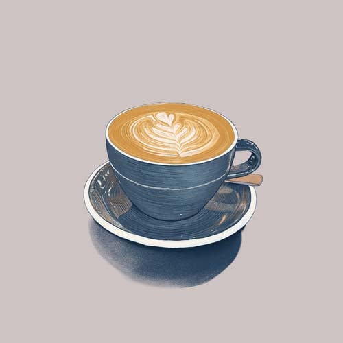 Dessin d'une tasse de café bleue sur son assiette assortie, avec un latte art.
