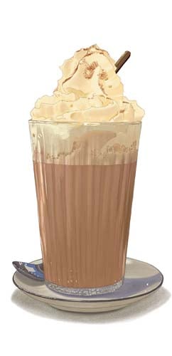 Dessin d'un grand verre de chocolat chaud surmonté de crème chantilly.