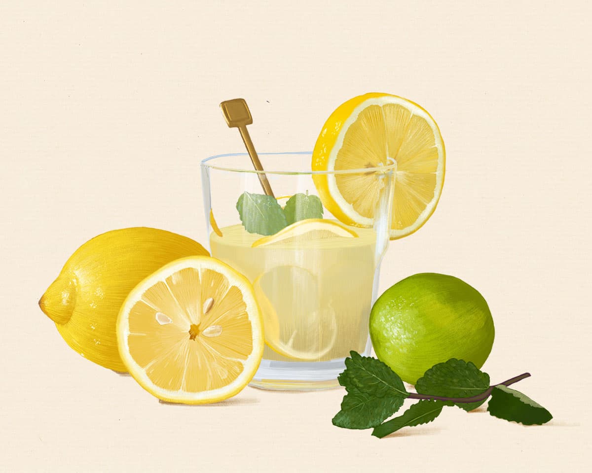 Dessin d'un verre de citronnade avec des citrons jaunes et des citrons verts.