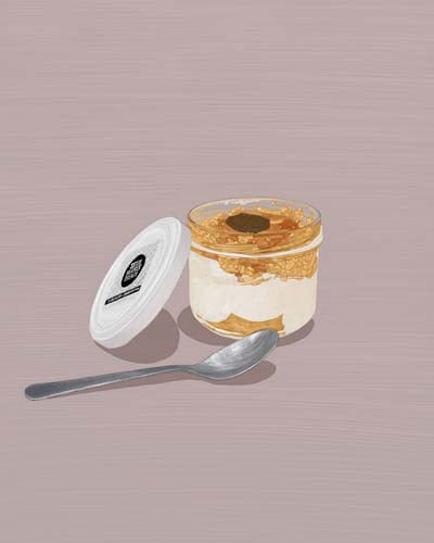 Dessin d'un bocal avec un dessert de crème et crumble.