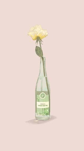 Dessin d'une bouteille vide de jus de fruit utilisée comme vase pour une rose