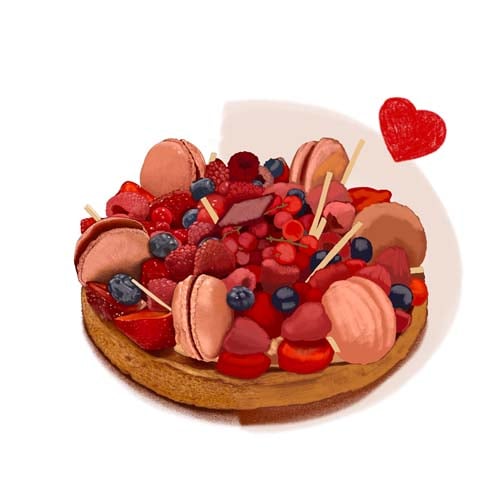 Dessin de tarte aux fruits rouges et macarons